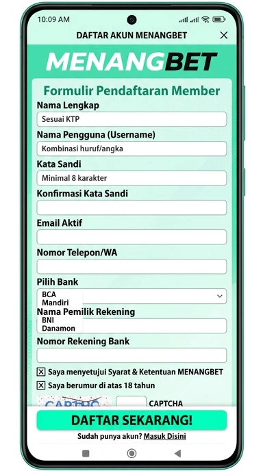 Tampilan halaman daftar menangbet